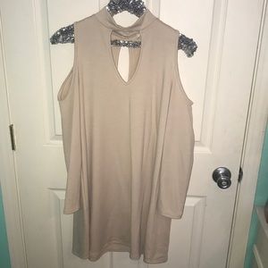 High neck, open shoulder boutique dress!